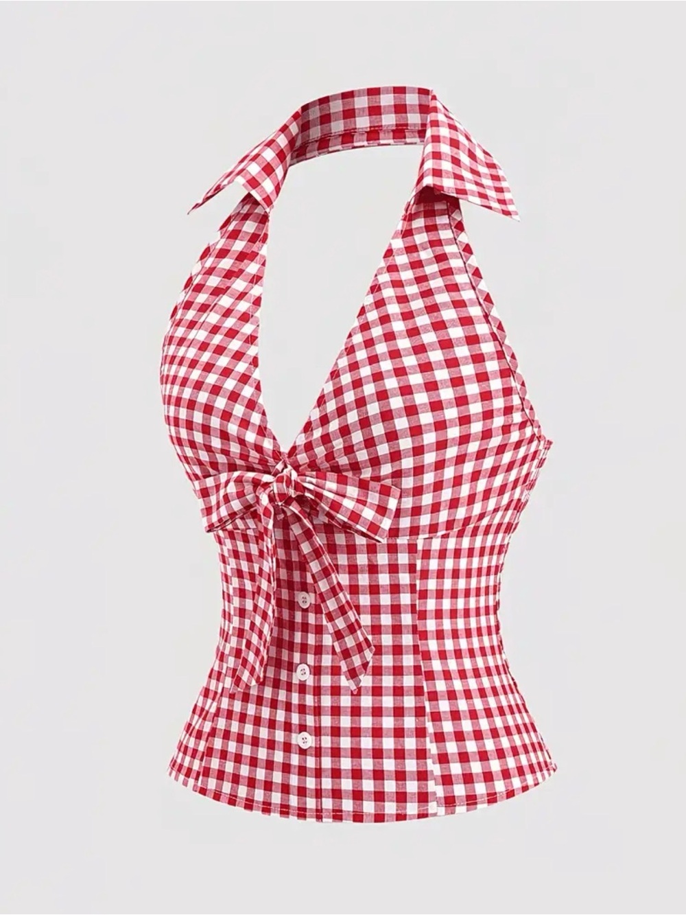 Red & White Gingham Plaid Halter Bow Tie-Front Top New Boutique - Picture 3 of 6
